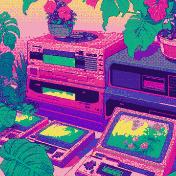 A vibrant, retro-style digital illustration featuring stacked vintage gaming consoles and monitors surrounded by lush potted plants in pink and green tones.