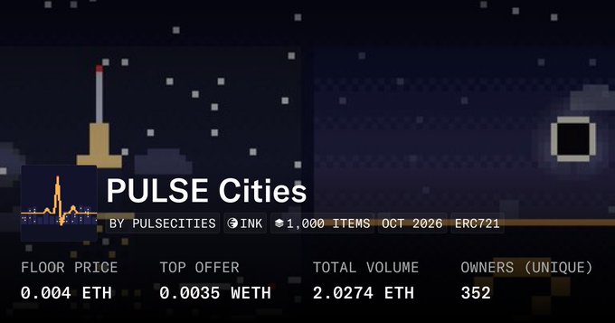 A digital marketplace listing for the NFT collection 'PULSE Cities by PULSECITIES' showing a pixelated cityscape, with stats including Floor Price 0.004 ETH, Total Volume 2.0274 ETH, and 352 Unique Owners.