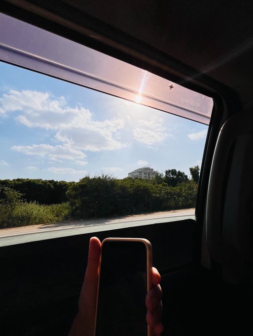 A view through a tinted vehicle window (marked 'SOLACO') shows a sunny sky, green foliage, and a distant white building, while a hand holds a smartphone in the foreground.