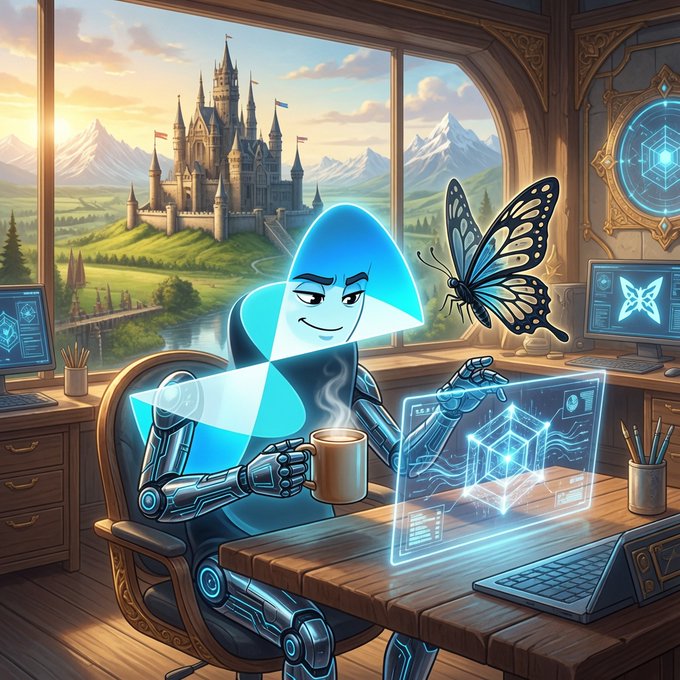 A blue holographic figure sits at a wooden desk with a steaming mug, interacting with a holographic display while a butterfly rests on the screen, with a majestic castle and mountain landscape visible through the window behind them. The scene reflects the post's theme of exploring quantum computing concepts through QuipNetwork's accessible testnet experience.