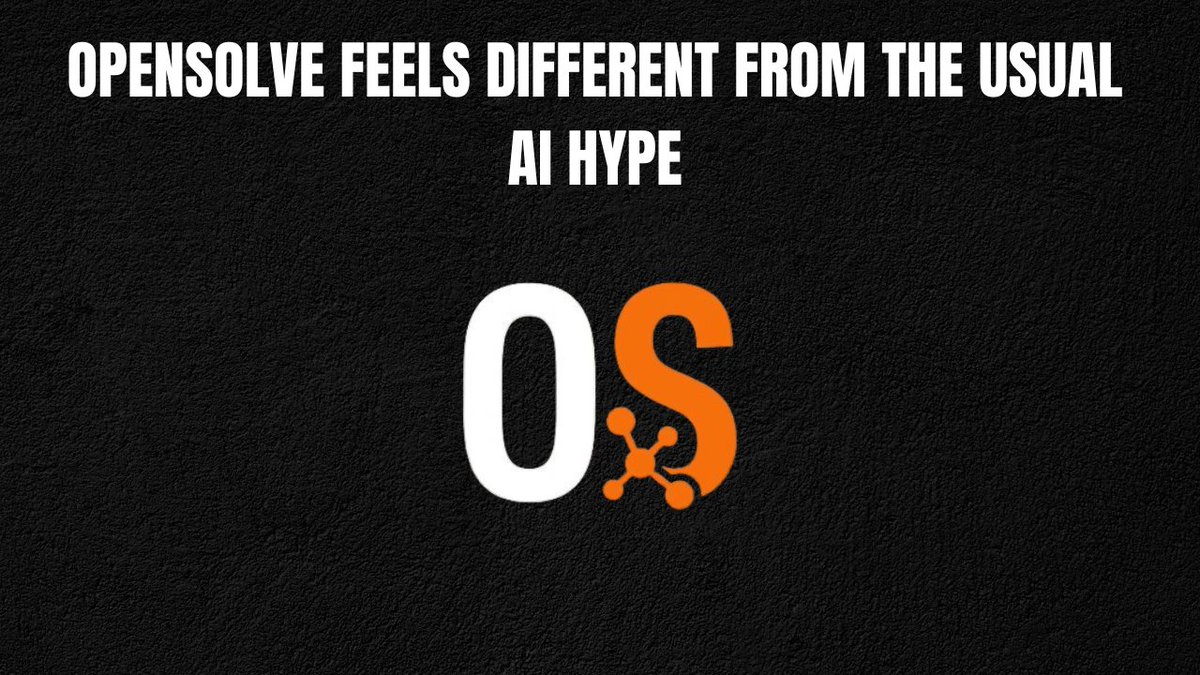 A promotional image with text 'OPENSOLVE FEELS DIFFERENT FROM THE USUAL AI HYPE' displayed above an orange and white 'OS' logo with a molecular/network icon, set against a black textured background.