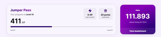 A Jumper Pass dashboard showing 411 XP progress to Level 10, a rank of 111,893, with 20 perks unlocked.