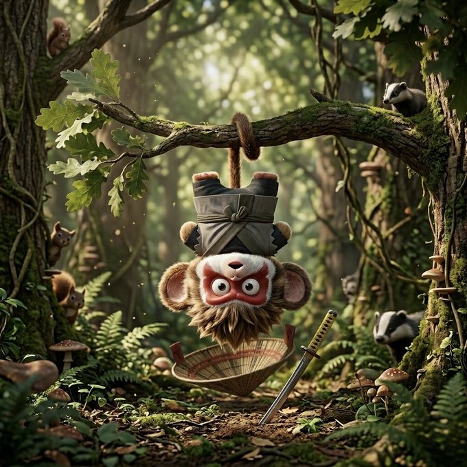 The image features a cartoon monkey wearing a red and white outfit, hanging upside down from a tree branch with a sword in its hand. The background of the image includes trees and other forest elements, creating an immersive jungle setting for the monkey's adventure. The caption provided after the image highlights that this is a collector's edition post on the Chimpers Dojo website, where users can log into their account to access various content related to the cartoon character "Chimp".