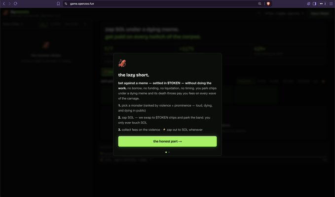 The image shows a dark-themed webpage from game.openoo.fun with a central popup describing "the lazy short" game, where players bet STOKEN on a meme violence ranking contest and collect fees using SOL.

The post promotes the $TOKEN-based meme game platform shown in the image, teasing the playful concept of ranking meme violence as an under-the-hood game mechanic.
