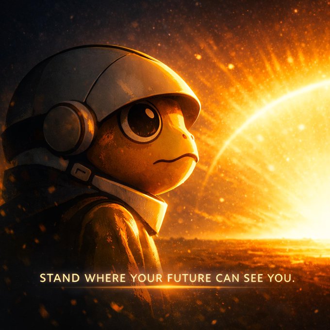 A cartoon turtle in a space helmet gazes toward a brilliant, sun-like celestial body on the horizon, accompanied by the text "STAND WHERE YOUR FUTURE CAN SEE YOU." The image visually reinforces the post's message of forward-looking determination and ambition, symbolizing readiness to face what's ahead with the $TURBO ticker.