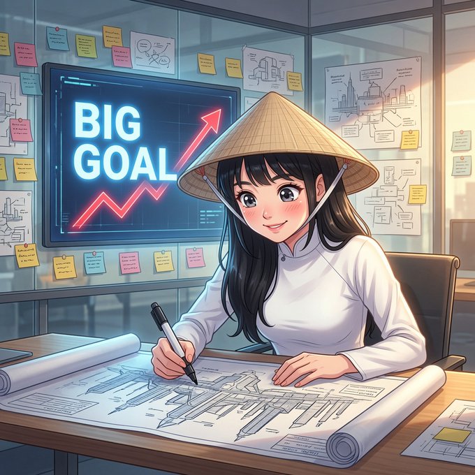 An anime-style illustration of a young woman wearing a conical Asian hat (nón lá) and a white shirt, sitting at a desk with architectural blueprints while a screen behind her displays 'BIG GOAL' with an upward red arrow amid sticky notes on the wall.