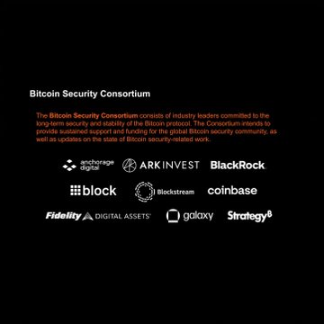 A dark-themed informational slide about the 'Bitcoin Security Consortium' listing member companies including Anchorage Digital, ARK Invest, BlackRock, Block, Blockstream, Coinbase, Fidelity Digital Assets, Galaxy, and Strategy.