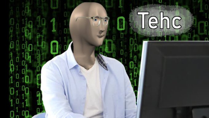 A mannequin wearing glasses and a light blue shirt sits at a computer with a green Matrix-style binary code background and the text 'Tehc' in a speech bubble.