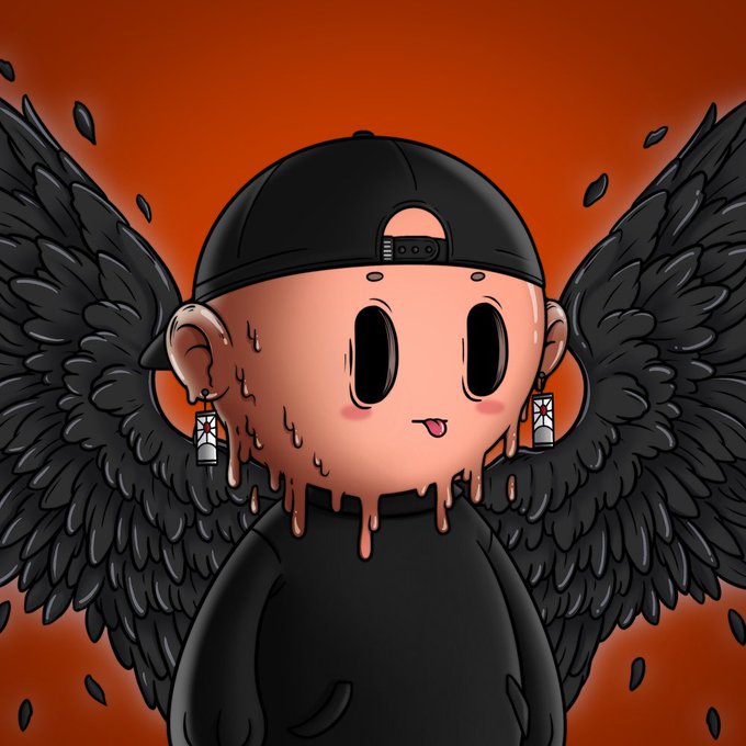 A digital illustration of a cartoon character wearing a black cap and sweatshirt, featuring a melting pink face and large black feathered wings against an orange background.