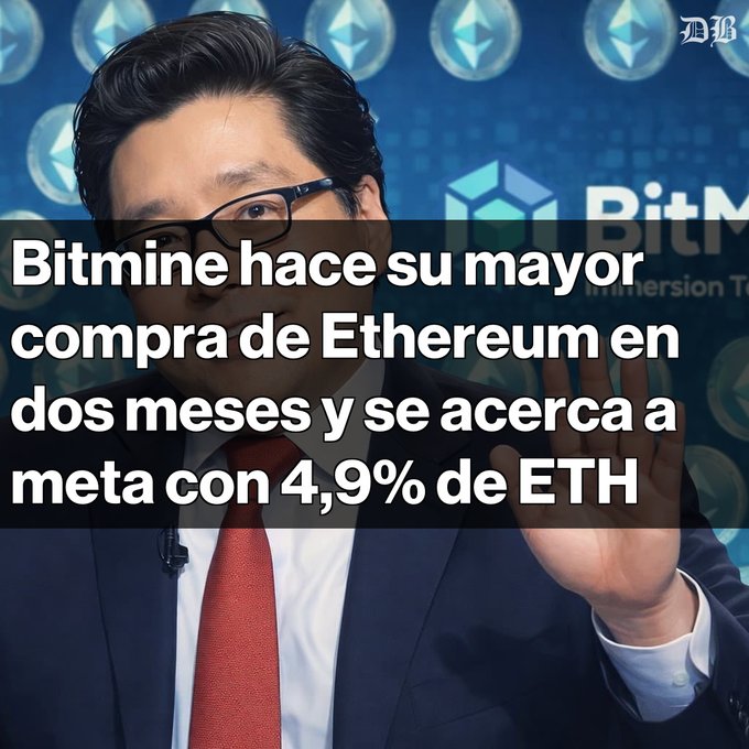 A financial news graphic featuring a man in glasses and a suit, with Spanish text overlay reading 'Bitmine hace su mayor compra de Ethereum en dos meses y se acerca a meta con 4,9% de ETH' (Bitmine makes its biggest Ethereum purchase in two months and approaches goal with 4.9% of ETH).
