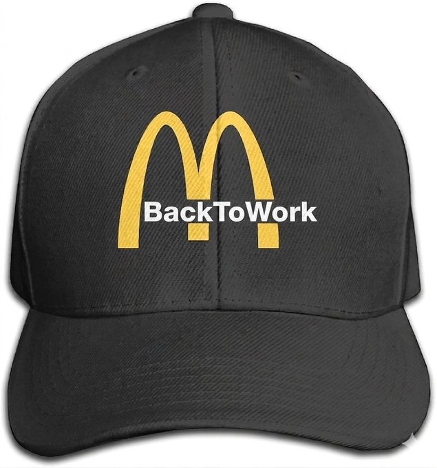A black baseball cap featuring the McDonald's golden arches logo with the text "BackToWork" overlaid in white. The image humorously plays on the post's theme about struggling markets by suggesting fast food jobs as a fallback option for those facing financial hardship.