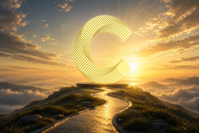 A glowing, ribbon-like letter "C" monument stands atop a mountain peak at sunrise, with a winding path leading toward it through a sea of clouds—symbolizing the inevitable ascent of Canton ($CC) as it rises above the fog of disbelief.