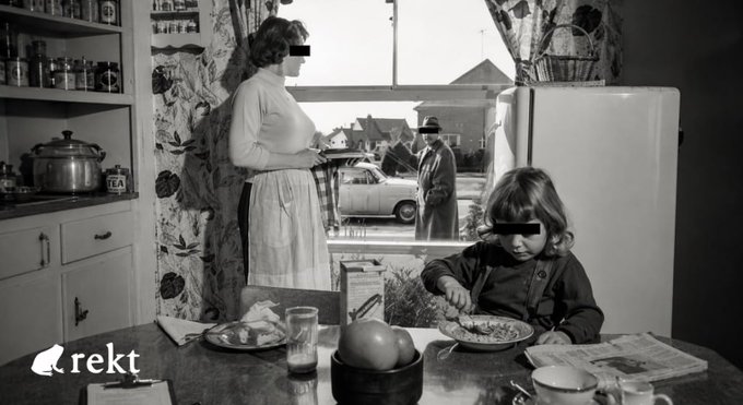 A black-and-white domestic scene shows a mother at the kitchen window looking toward a man beside a parked car, while a young child eats at the table beside a Swanson cereal box; the text "rekt" appears in the lower left. The image's "rekt" watermark and depiction of an ordinary home juxtaposed with an outsider evokes the post's theme of an attacker exploiting Kii Chain's smart contracts through a Cosmos EVM vulnerability to siphon $9.7 million—invading the "home" of 148.3 million KII holders—before the chain was halted with much of the value already bridged out to BNB Chain.