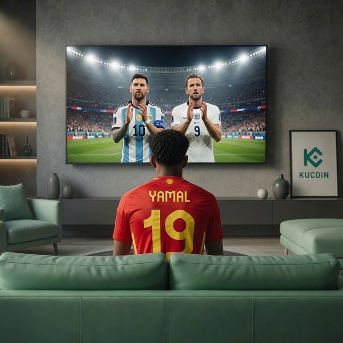 A person wearing a "YAMAL 19" jersey watches Messi and Kane on a large screen featuring the KuCoin logo, illustrating how crypto and football co-exist.