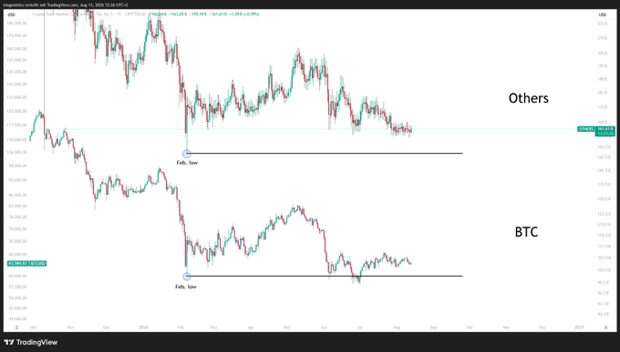 A TradingView chart showing a logarithmic asymmetric price comparison between 'Others' and 'BTC' on a USD pair, with February lows marked.