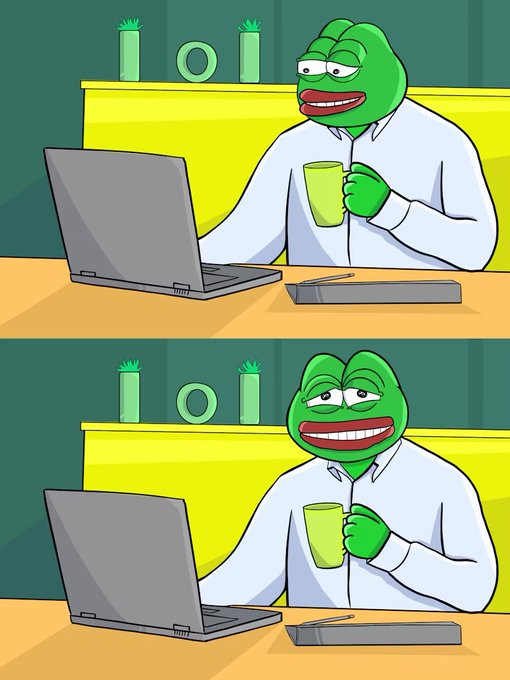 A green Pepe frog character sits at a desk with a laptop and coffee mug, smiling contentedly in both panels. The image accompanies a "Good morning Bulls" greeting, using the cheerful Pepe meme to convey a positive, optimistic start to the trading day for bullish investors.