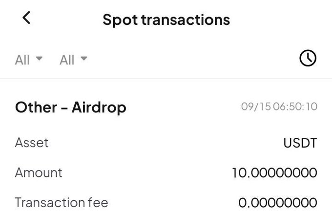 A mobile app screen showing a 'Spot transactions' page with an 'Other – Airdrop' entry dated 09/15 06:50:10, displaying an Asset of USDT and Amount of 10.00000000 with a 0.00000000 transaction fee.