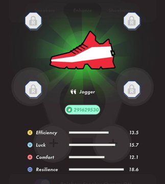 The image shows a black background with white text, including a list of attributes for a red shoe. The shoe has a red sole and a white laces, making it stand out against the dark backdrop. The text provides information about the shoe's features, such as its color, design, comfort, and efficiency. The post also mentions that the shoe is from Japan and has a unique feature: it can be used to enhance one's jogging experience with an embedded app.