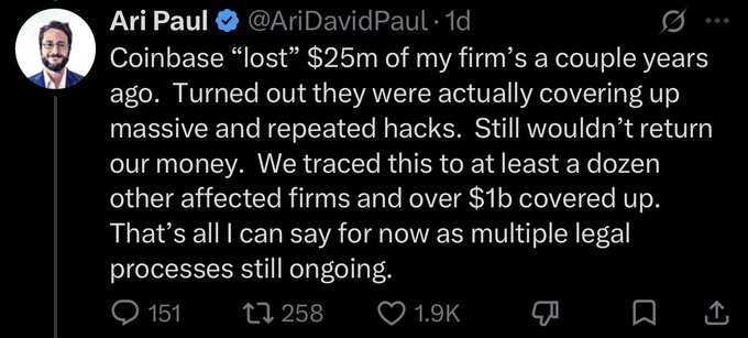 A tweet from verified user Ari Paul (@AriDavidPaul) alleges that Coinbase "lost" $25 million from his firm a couple years ago, which was actually covering up "massive and repeated hacks" affecting over a dozen firms and over $1 billion total, with legal proceedings ongoing. The image relates to the accompanying post about shifting market dynamics from "PvE" to "PvP," as Paul's claims highlight serious trust and security concerns within the crypto industry that contribute to negative sentiment.