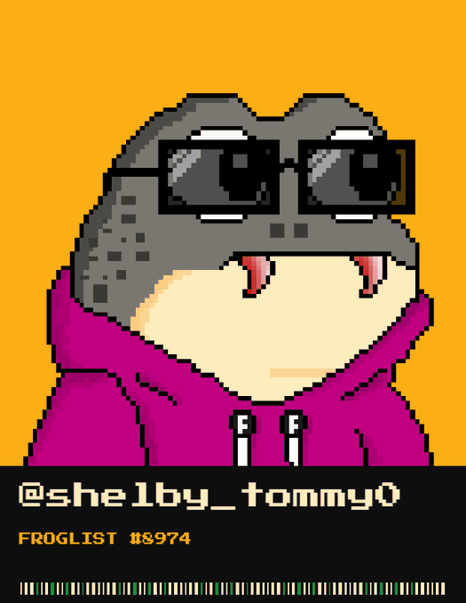 Pixel art of a character wearing a grey frog hat with sunglasses and a magenta hoodie, with the text '@shelby_tommy0' and 'FROGLIST #8974' displayed on a black background.