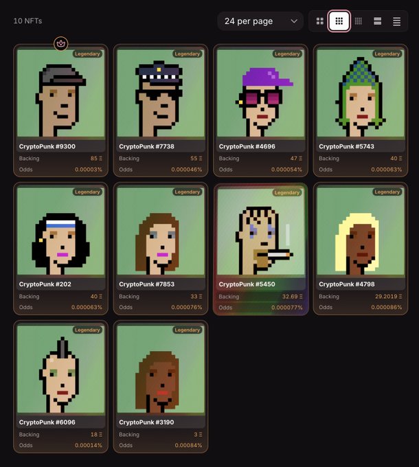 A grid displays 10 legendary CryptoPunks (#9300, #7738, #4696, #5743, #202, #7853, #5450, #4798, #6096, #3190) with their backing amounts ranging from 3 ETH to 32.69 ETH and individual winning odds between 0.000046% and 0.000141%, illustrating the slim 0.001475% chance mentioned in the post to win a punk through a FWA spin.