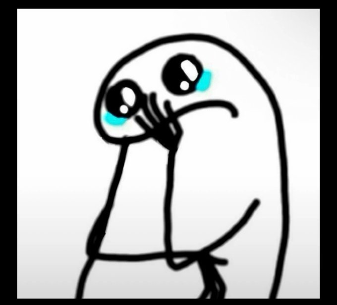 A crying cartoon character meme with large teary eyes holding a hand up to its face.