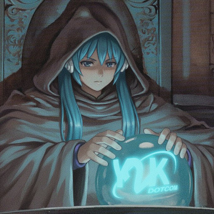 An anime-style illustration of a hooded, blue-haired figure holding a glowing crystal ball that displays 'Yandex.ru DotCom'.