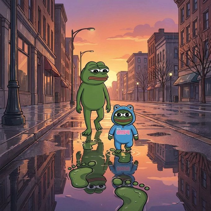 The image features a cartoon frog character walking down a city street, accompanied by a cartoon frog character dressed in a blue suit. They are both wearing raincoats, which suggests that they might be experiencing rainy weather. The scene takes place on a wet city street with puddles and reflections of the characters' feet visible in the water.

The post caption reads: "Following Pepe's steps." This phrase is likely an inside joke or reference to the popular cartoon character Pepe from the Peanuts comic strip. It suggests that the image might be related to the Peanuts comic strip, with the frog characters being inspired by the character.