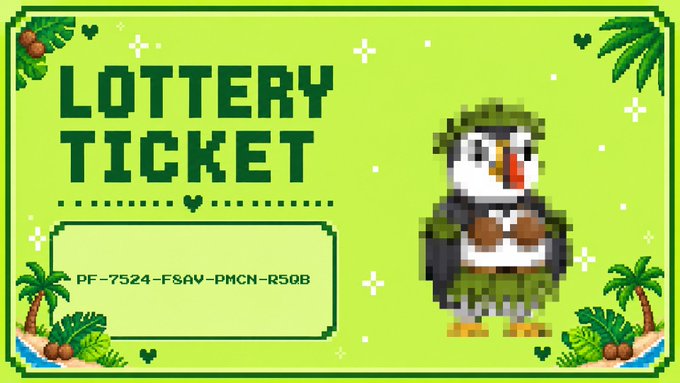 A green pixel-art lottery ticket design featuring a penguin character in camouflage attire, with the code 'PF-7524-F8AV-PMCN-R50B' visible in the center.