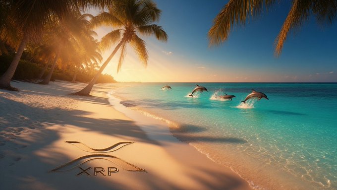 A tropical beach scene at sunset with palm trees, turquoise water, dolphins jumping out of the ocean, and the XRP logo drawn in the sand on the beach.