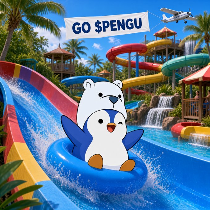 An illustrated scene shows a white polar bear and a penguin sliding down a colorful water slide at a tropical water park, with a banner reading 'GO $PENGU' overhead.