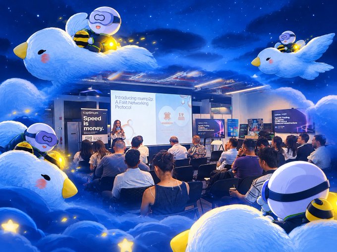 A composite event photo showing a presentation introducing "monzap: A Fast Networking Protocol" at a conference, with attendees seated facing a screen, decorated with cute cartoon birds and bee characters floating in clouds around the edges.