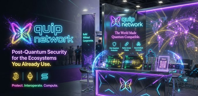 Marketing image for Quip Network advertising 'Post-Quantum Security for the Ecosystems You Already Use' with 'Build Without Compromise' and 'The World Made Quantum Compatible.'