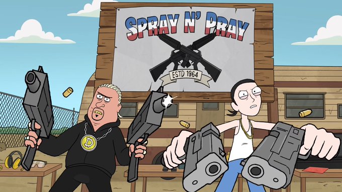 A cartoon illustration showing two characters—one resembling Sammy Gravano and one resembling Kim Kardashian—holding firearms in front of a banner reading 'SPRAY N' PRAY ESTD 1964'.