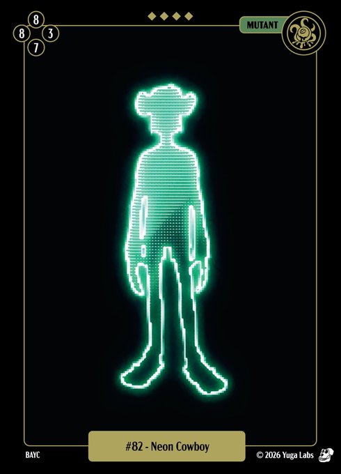 A collectible Mudweater card labeled “MUTANT” features a glowing turquoise neon ape wearing a cowboy hat. The card is numbered “#82 - Neon Cowboy,” with “© 2026 Yuga Labs” and “BAYC” also visible.