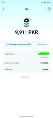 A mobile app payment confirmation screen showing a successful payment of "9,911 PKR" transferred to Mehak.