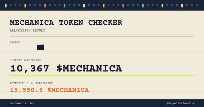 A "Mechanica Token Checker" interface displays a wallet's current allocation of 10,367 $MECHANICA tokens with a potential 1.5x allocation of 15,550.5 $MECHANICA, tied to the website mechanica.fun and @RoyalMechanica.
