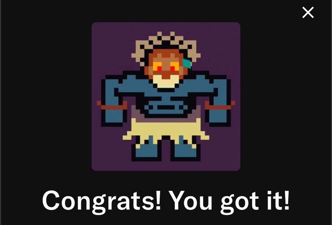 A pixel art character with blonde hair and glowing yellow eyes is displayed on a purple background with the text 'Congrats! You got it!'