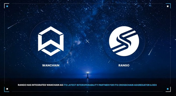 The image displays the logos of Wanchain and Rango side by side against a starry night sky background, with text announcing "RANGO HAS INTEGRATED WANCHAIN AS ITS LATEST INTEROPERABILITY PARTNER FOR ITS CROSSCHAIN AGGREGATOR & DEX," visually highlighting their new partnership for cross-chain transactions.