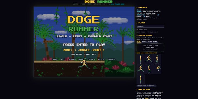 The image shows the title screen of the browser game "Doge Runner," featuring pixel-art jungle visuals with the text "DOGE RUNNER," "JUNGLE - PIPES - EMERALD ZONES," and "PRESS ENTER TO PLAY" alongside control instructions for jumping, dashing, rolling, and shifting. It promotes a customizable, avatar-friendly game where players can import their own VRM/GLB models, aligning with the post's Fourth of July call for metaverse citizens to bring their custom avatars and compete for high scores.
