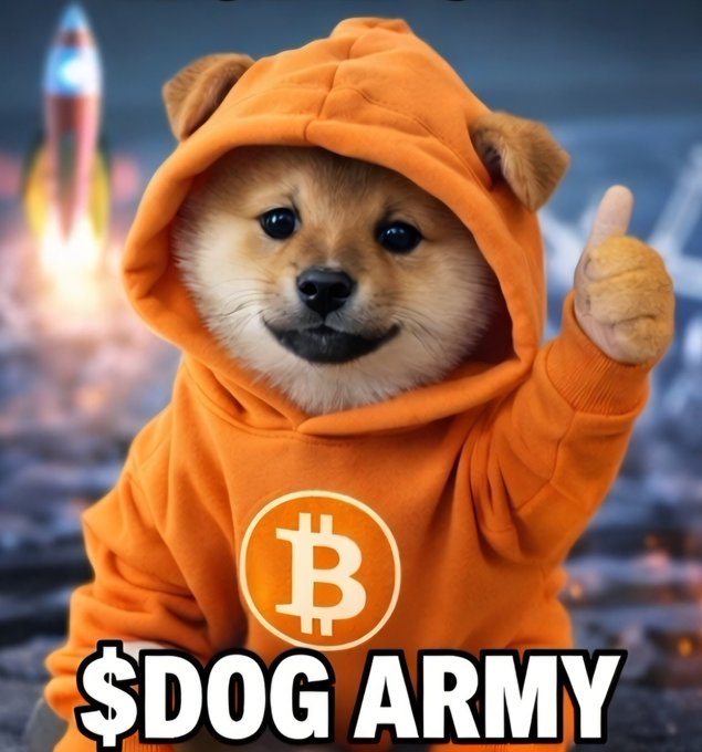 A Shiba Inu puppy in an orange Bitcoin hoodie giving a thumbs up, with a rocket launching in the background and '$DOG ARMY' text at the bottom.