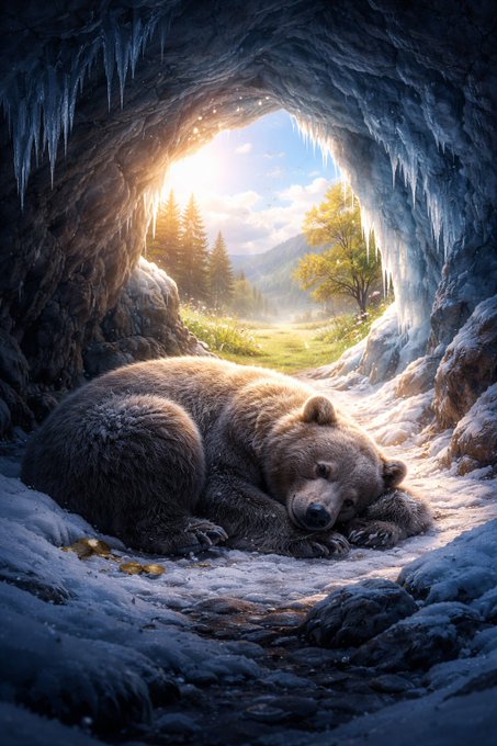 An AI-generated illustration of a brown bear sleeping inside an ice cave with icicles hanging from the entrance, overlooking a sunny mountain valley landscape.