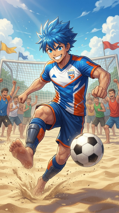 An anime-style illustration of a blue-haired soccer player in an orange and blue 'INDIA' jersey kicking a ball on a sandy beach field, with cheering fans and a goal in the background.