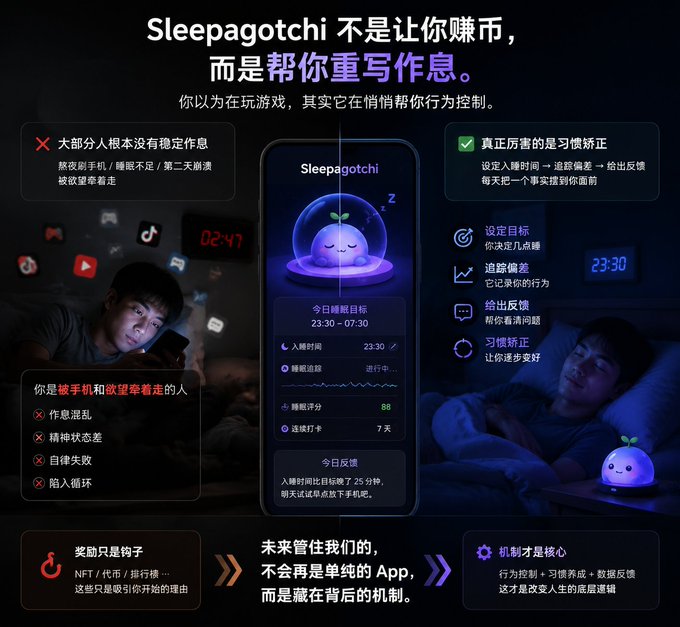 A Chinese-language promotional graphic for 'Sleepagotchi,' describing it as an app that rewrites your daily routine through behavioral control, showing a smartphone interface with sleep tracking features.