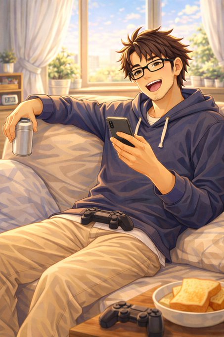 An anime-style illustration shows a young man with glasses relaxing on a couch, holding a smartphone in one hand and a can in the other, with a game controller on his lap and a bowl of toast nearby.