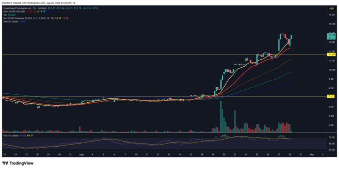 A TradingView chart for $PURR/USDT on Hyperliquid shows the token's price action from late July through August 28, 2024, with a dramatic dip-and-rip pattern from around $2.70 to a recent high near $14.85 (+13.85, +12.36%), accompanied by heavy volume spikes on the breakout rally.