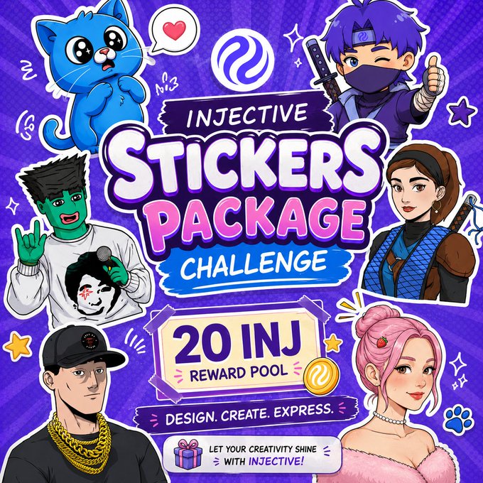 Promotional graphic for the 'INJECTIVE STICKERS PACKAGE CHALLENGE' featuring various cartoon-style character stickers and a '20 INJ REWARD POOL'.