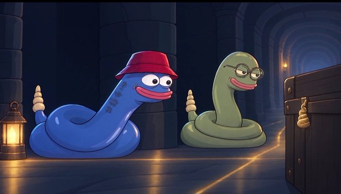 An animated illustration features two cartoon snakes—one blue with a red bucket hat and one green with glasses—coiled inside a dimly lit stone dungeon near a treasure chest.