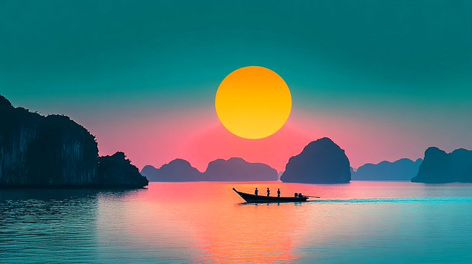 A serene sunset/sunrise landscape featuring a large orange sun, silhouetted mountains, and a small boat with figures on calm waters.