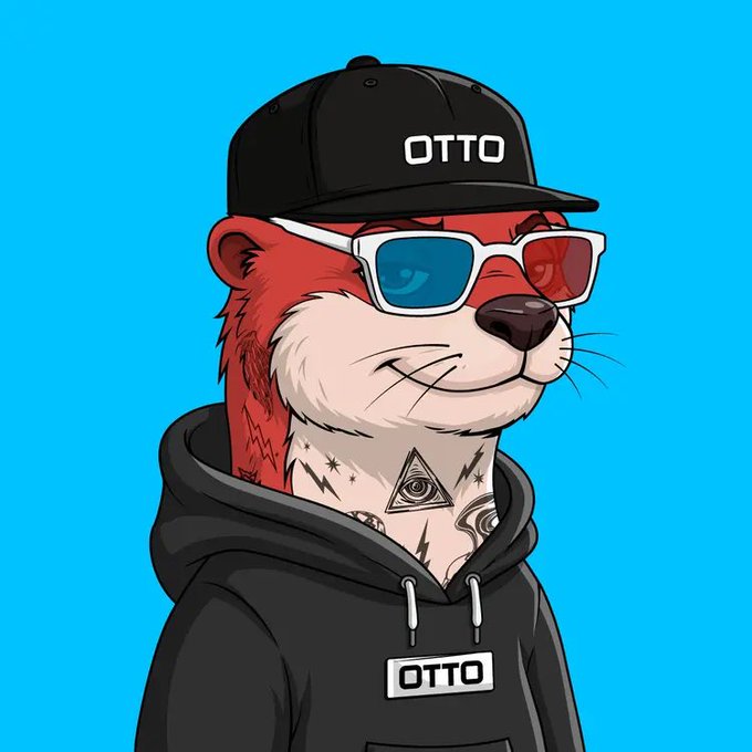 An illustrated red fox character wearing sunglasses, a black cap labeled 'OTTO', and a hoodie, with an all-seeing eye tattoo on its neck against a bright blue background.